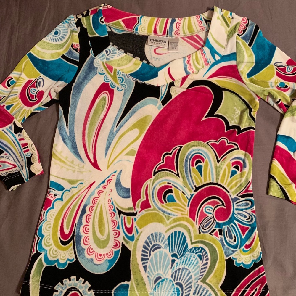 Chico’s Travelers colorful tunic w/ black size 0